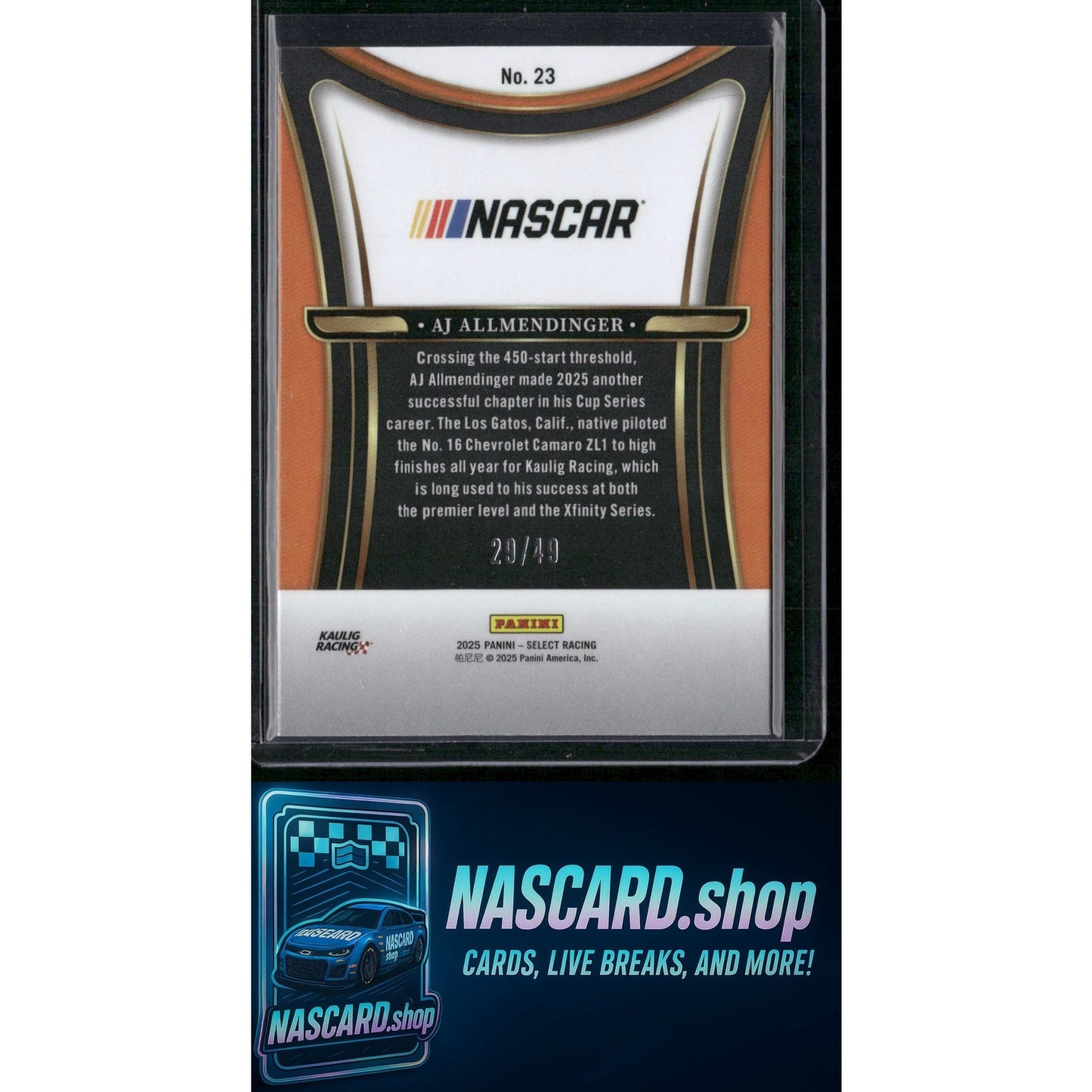 2025 Panini Select #23 AJ Allmendinger Sensations Blue Prizms #/49 - NASCARD.shop