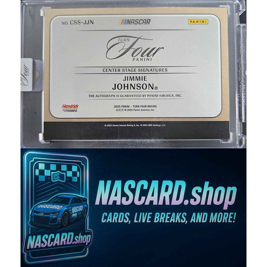 2025 Panini Turn Four #CSS-JJN Jimmie Johnson Center Stage Signatures Blue #/49