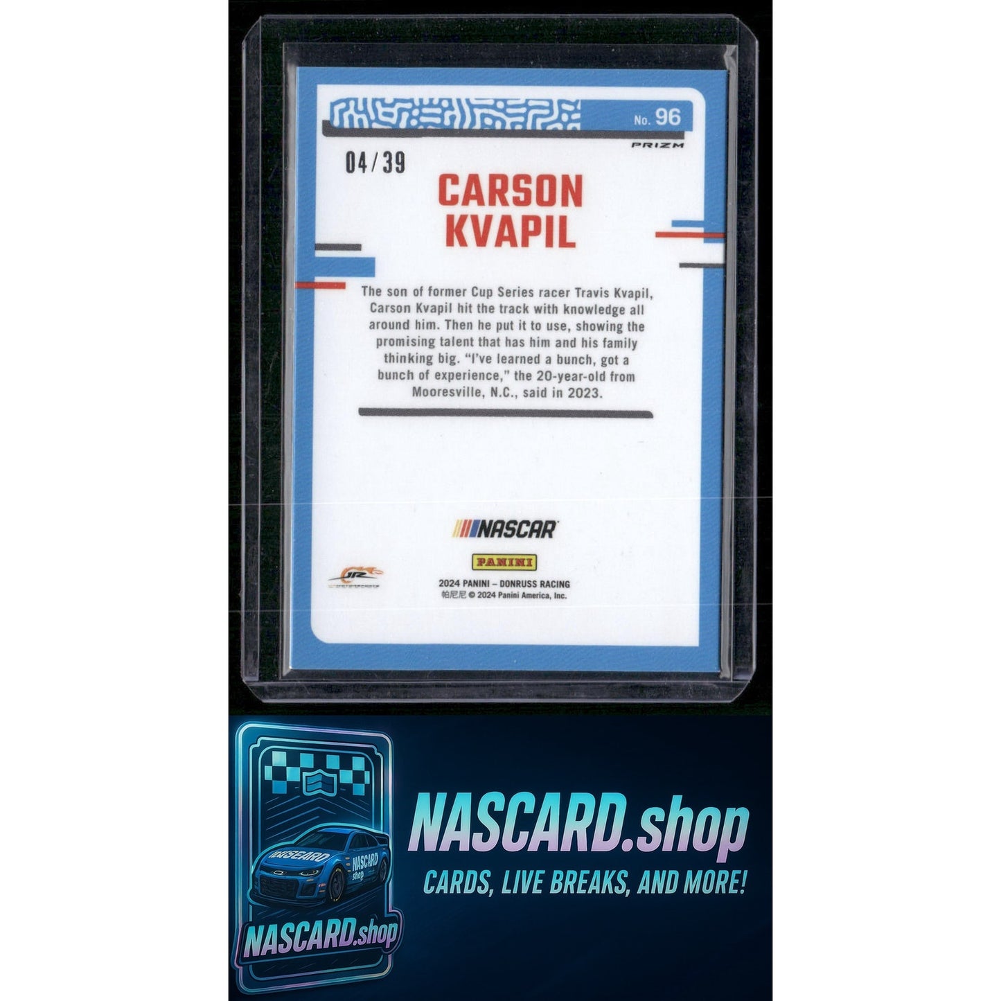 2024 Donruss #96 Carson Kvapil Rated Rookie Optic Black Velocity #/39 - NASCARD.shop