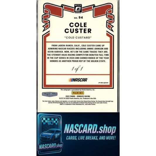2022 Donruss #94 Cole Custer Optic Signatures Black Finite #1/1