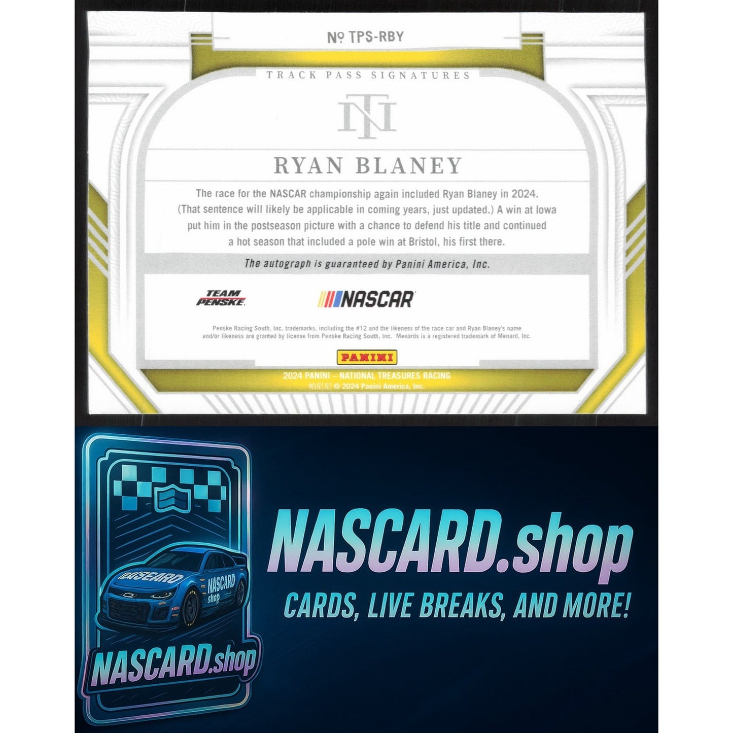 2024 Panini National Treasures #TPS-RBY Ryan Blaney Track Pass Signatures #/99