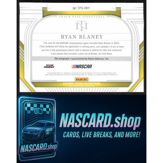 2024 Panini National Treasures #TPS-RBY Ryan Blaney Track Pass Signatures #/99