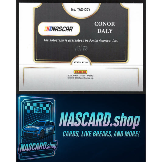 2025 Panini Select Conor Daly Trackside Action Signatures Blue Prizms #/99