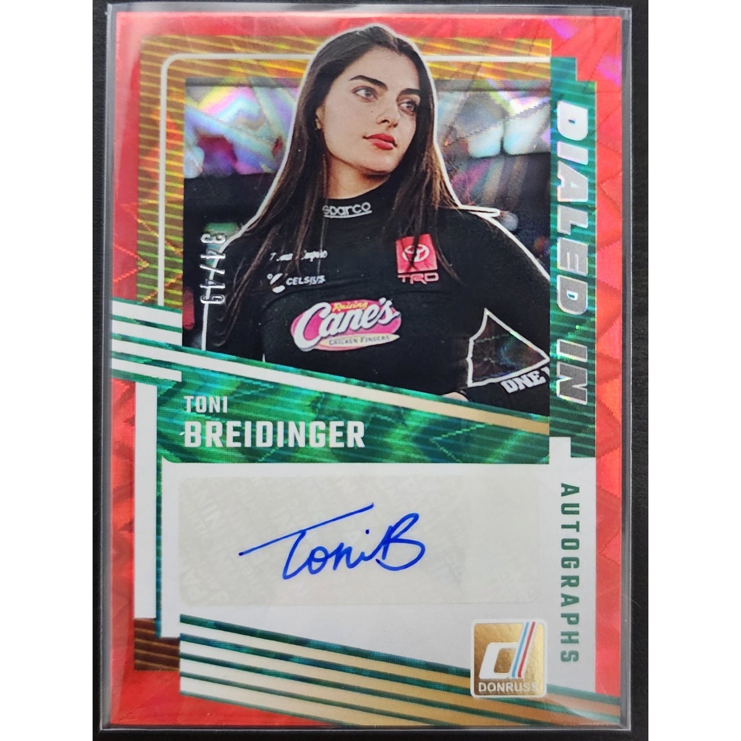 2025 Donruss #DIA-TBG Toni Breidinger Dialed In Autographs Red Xplosion #/49