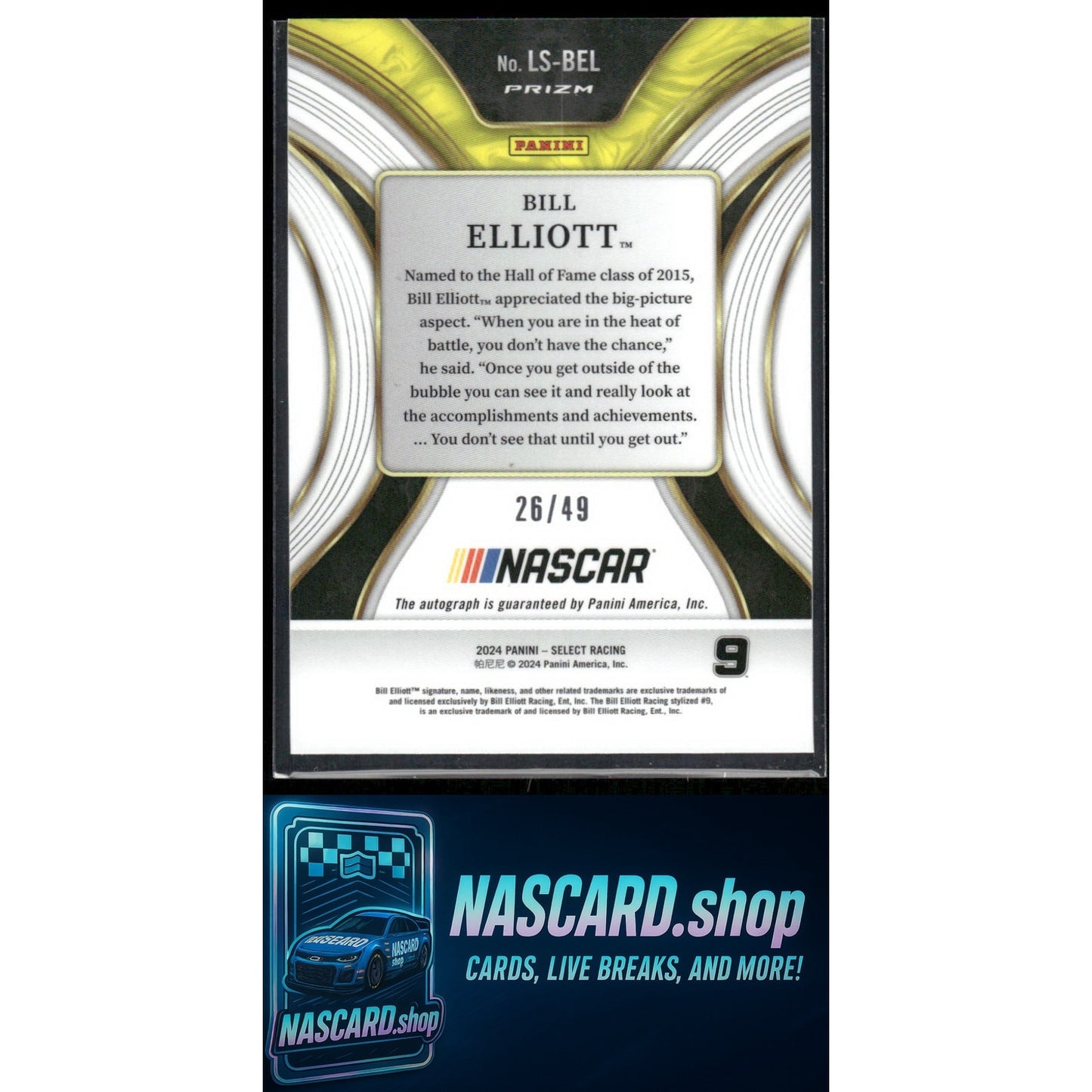 2024 Panini Select #LS-BEL Bill Elliott Legendary Signatures Blue Prizms #/49