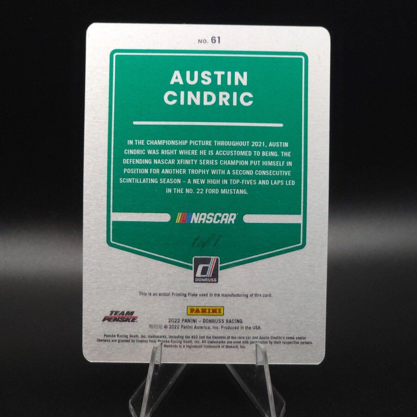 2022 Panini Donruss NASCAR - Austin Cindric #61 Printing Plate 1 /1 - NASCARD.shop