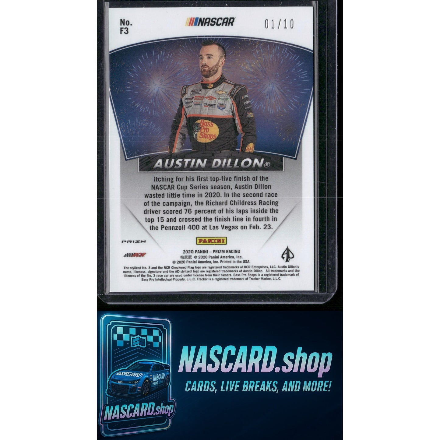 2020 Panini Prizm #F3 Austin Dillon Fireworks Gold Prizm #01/10 - NASCARD.shop