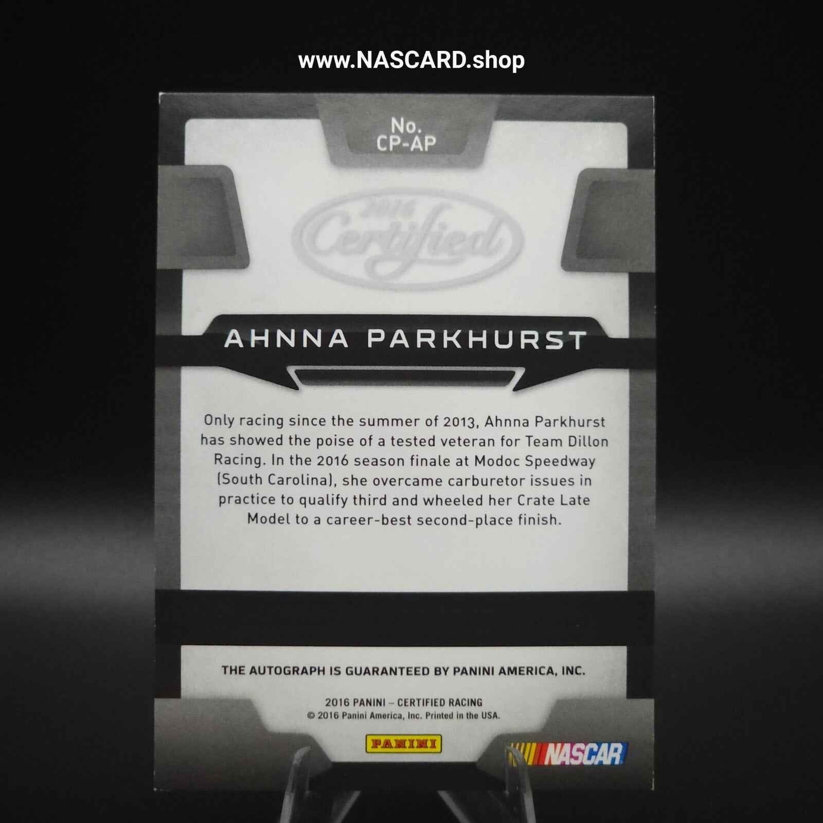 2016 Panini Certified Potential Signatures Ahnna Parkhurst /299 (AU, RC) - NASCARD.shop