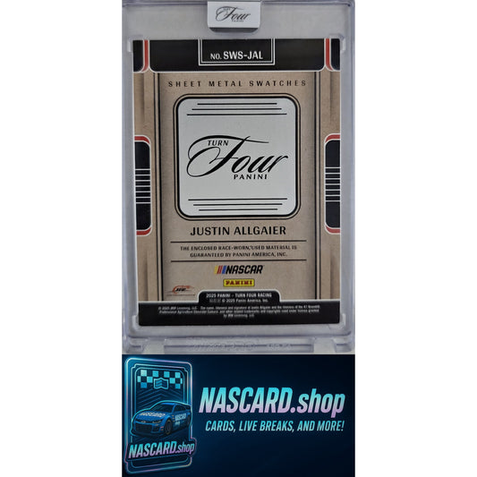 2025 Panini Turn Four #SWS-JAL Justin Allgaier Sheet Metal Swatches Blue #/35