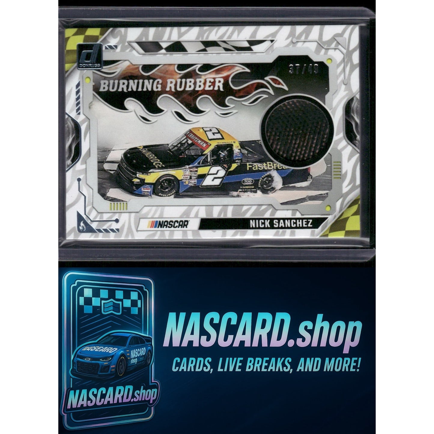 2025 Donruss #BRM-NSZ Nick Sanchez Burning Rubber Materials Blue #/49 - NASCARD.shop