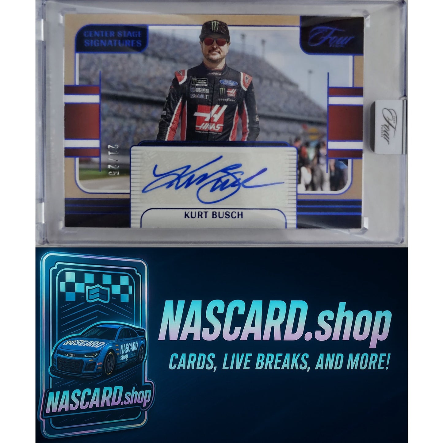 2025 Panini Turn Four #CSS-KBS Kurt Busch Center Stage Signatures Blue #/25
