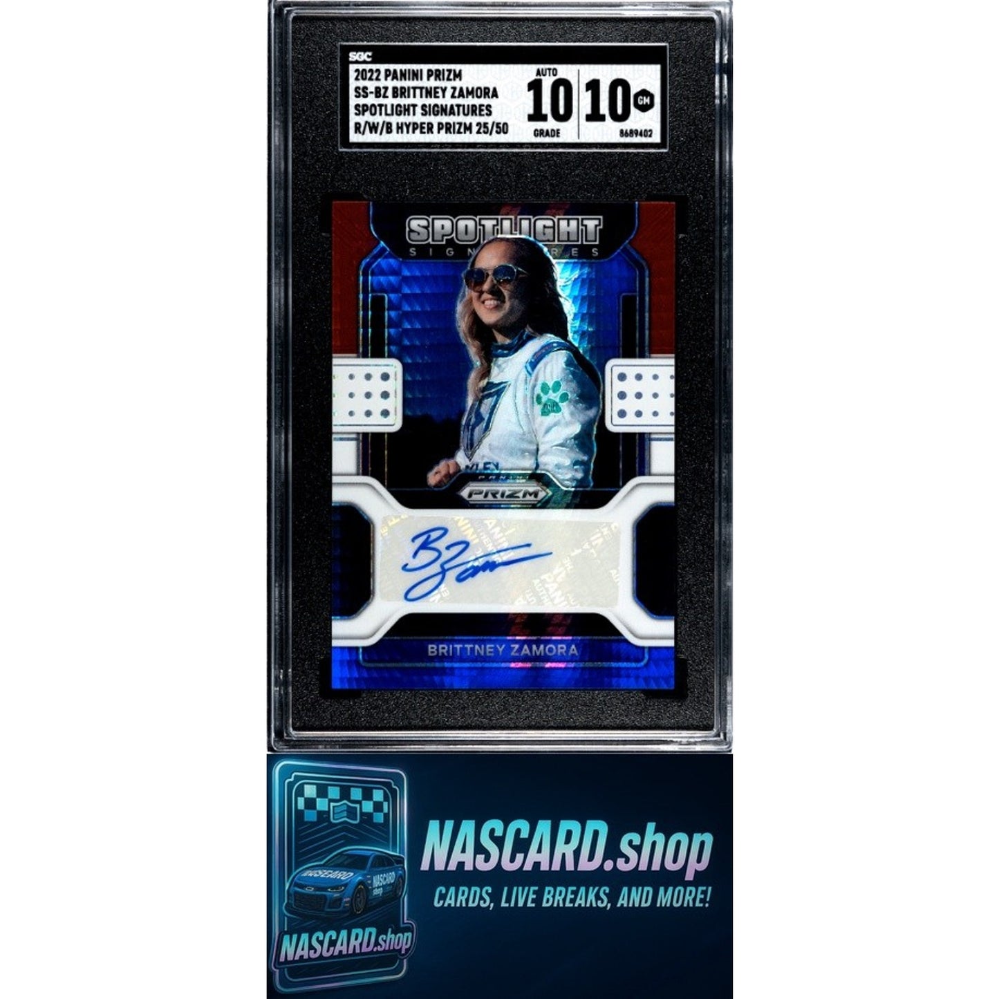 2022 Prizm Brittney Zamora Spotlight Signatures Red White Blue Prizm /50 SGC 10