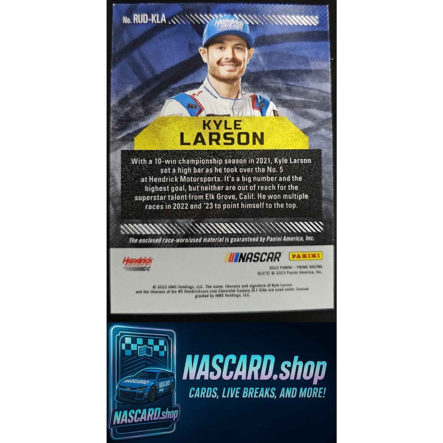 2023 Panini Prime #RUD-KLA Kyle Larson Race Used Duals Firesuits #/99