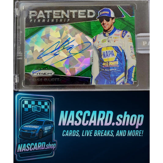 2018 Panini Prizm Chase Elliott Patented Penmanship Green Cracked Ice Prizm #1/1