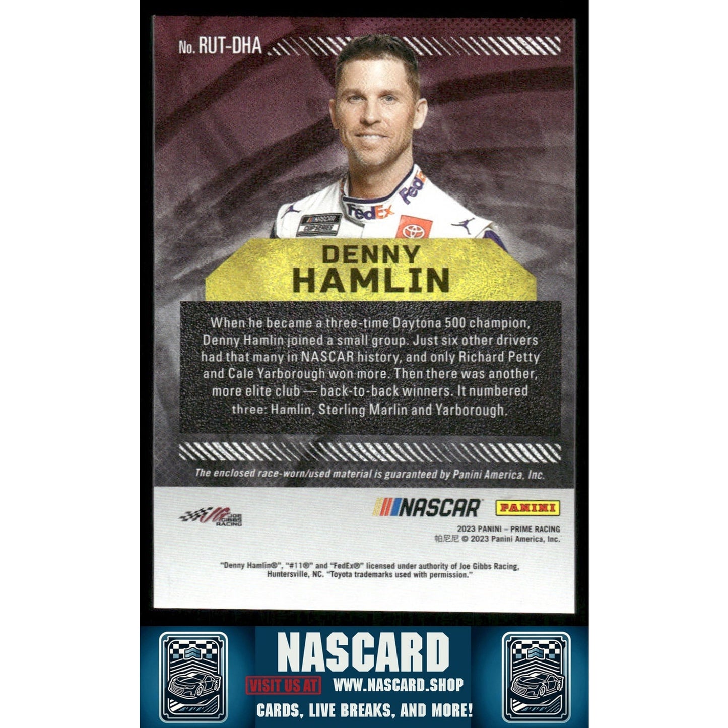 2023 Panini Prime #RUT-DHA Denny Hamlin Race Used Trios Tires Holo Gold