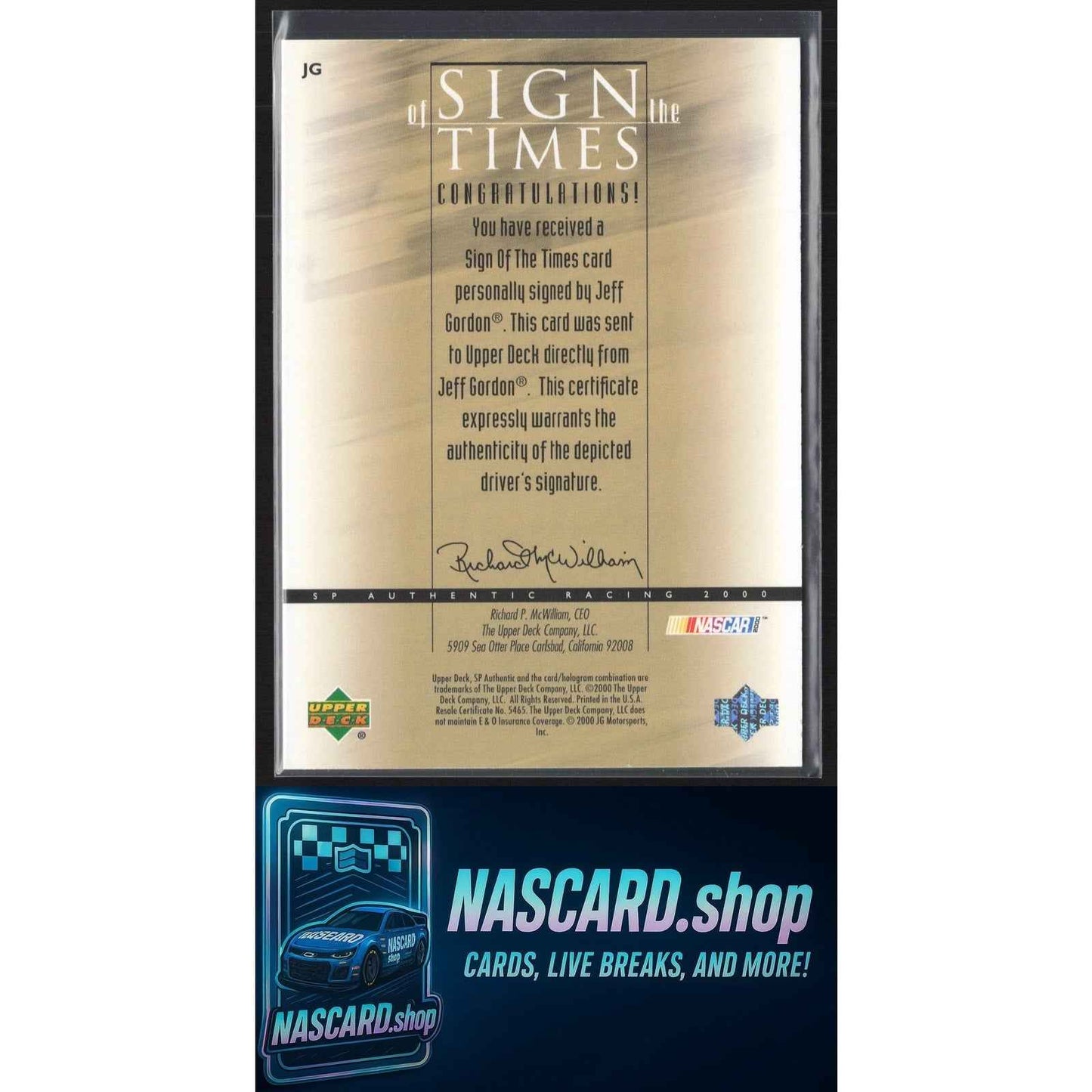 2000 SP Authentic #JG Jeff Gordon Sign of the Times Gold