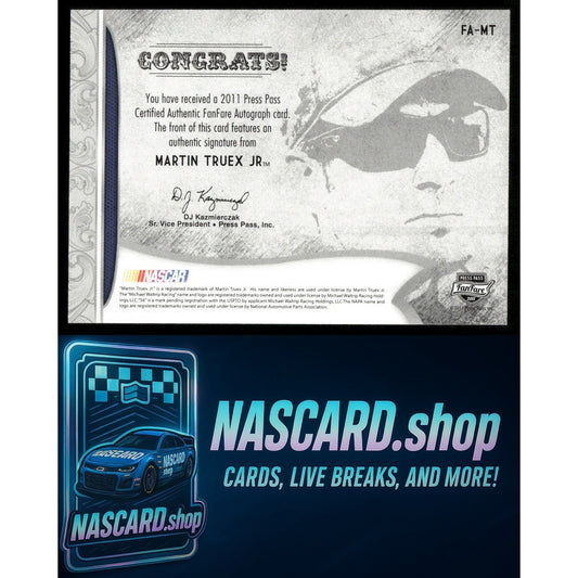 2011 Press Pass Fanfare #FA-MT Martin Truex Jr. FanFare Autographs Gold #/35