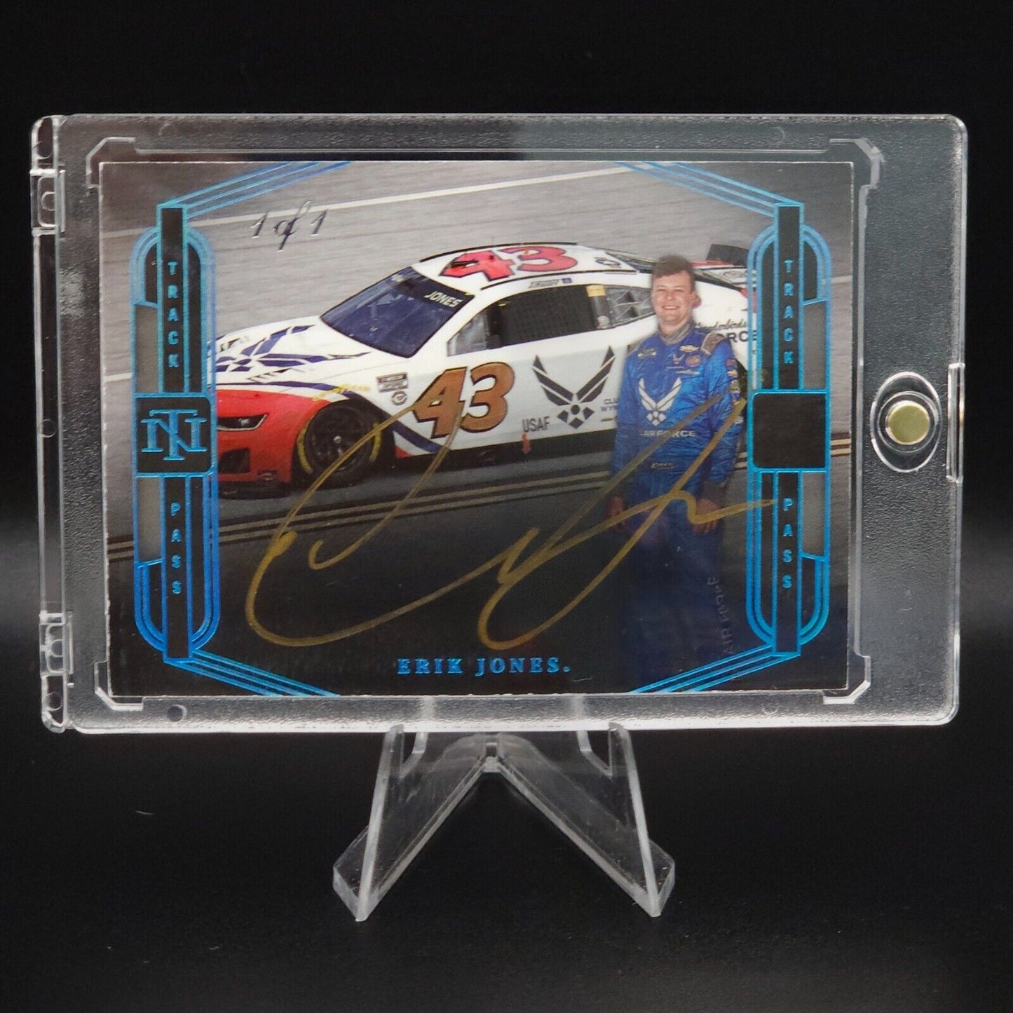 2023 National Treasures Signatures Track Pass Holo Platinum Blue Erik Jones 1/1 NASCARD.shop