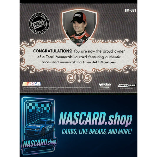 2012 Press Pass Total Memorabilia #TM-JG1 Jeff Gordon Quad Swatch Holofoil #/10