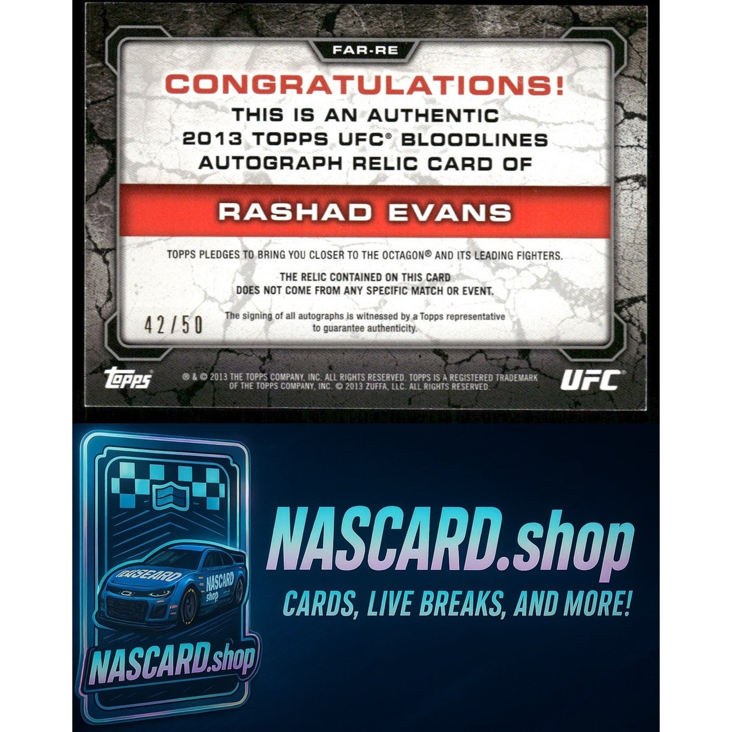 2013 Topps UFC Bloodlines Rashad Evans Bloodlines Autographed Relics #/50 - NASCARD.shop