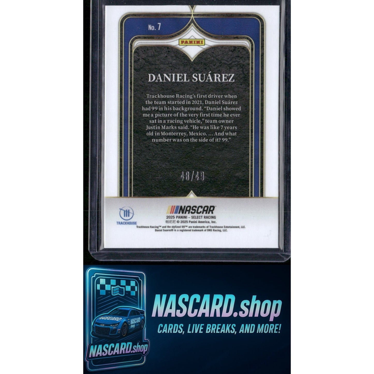 2025 Panini Select #7 Daniel Suarez Select Numbers Blue Prizms #/49