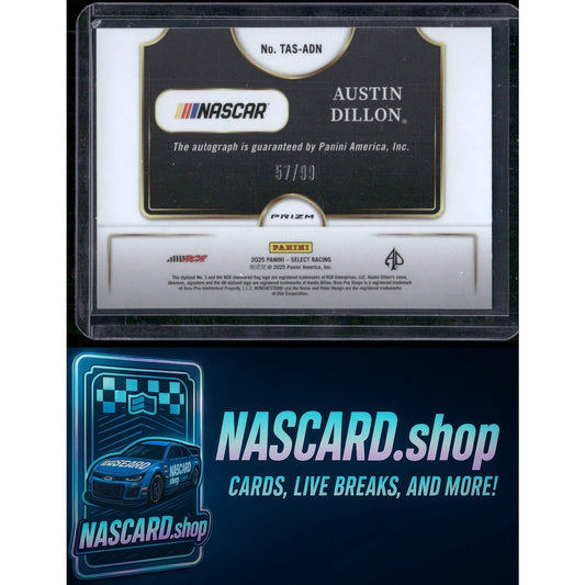 2025 Panini Select Austin Dillon Trackside Action Signatures Blue Prizms #/99