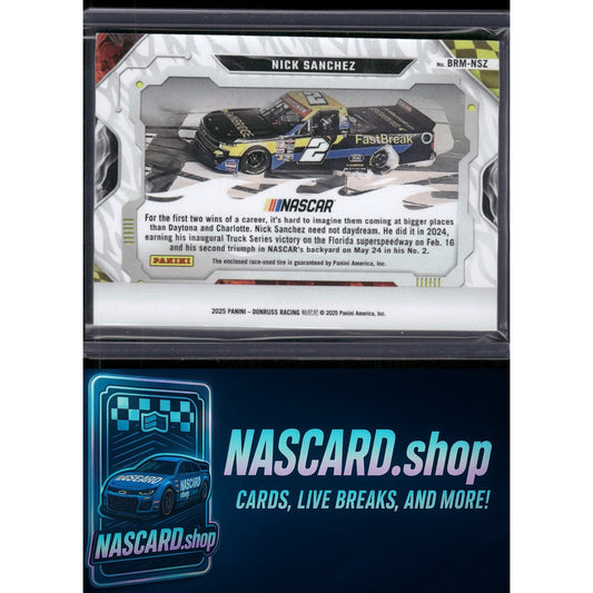 2025 Donruss #BRM-NSZ Nick Sanchez Burning Rubber Materials Blue #/49 - NASCARD.shop