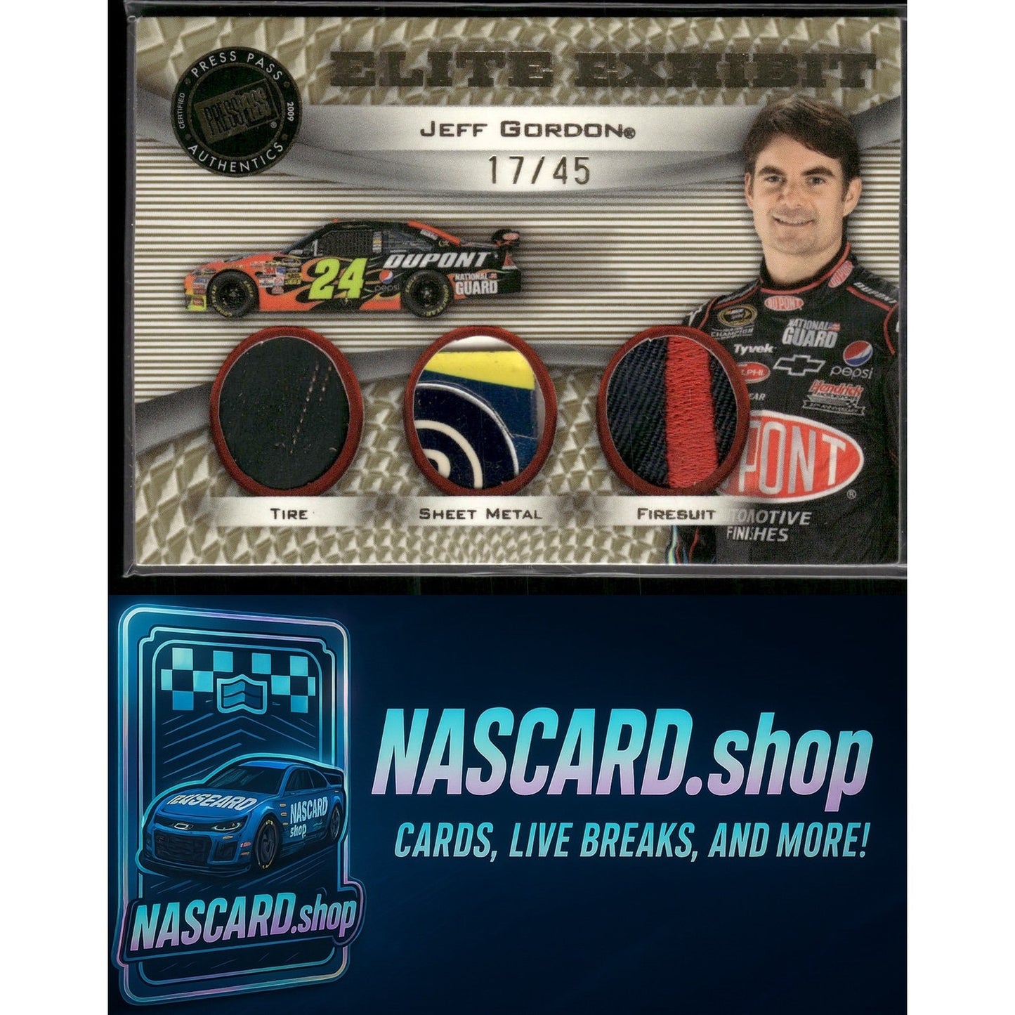 2009 Press Pass Showcase Jeff Gordon Elite Exhibit Triple Memorabilia Gold #/45 - NASCARD.shop