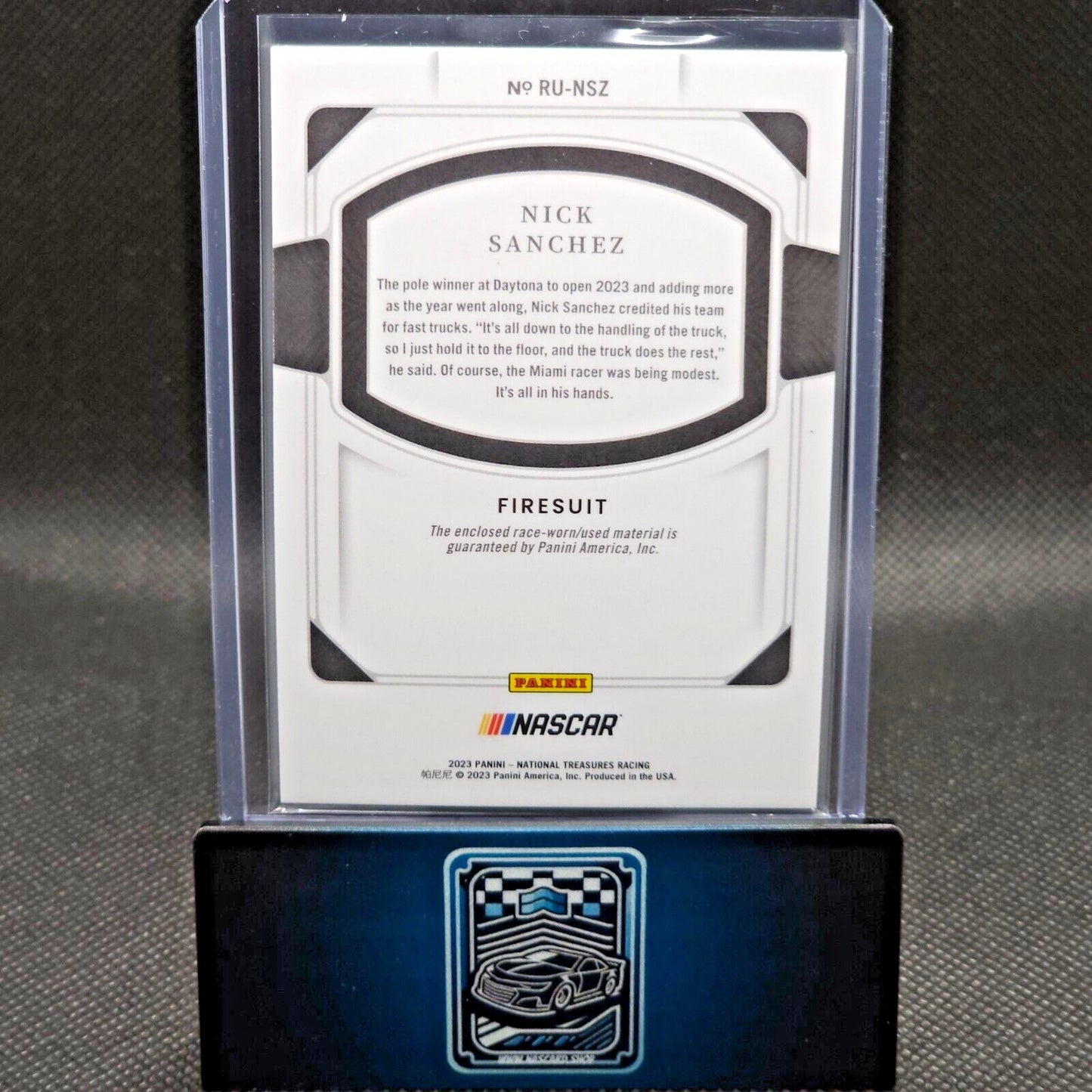 2023 Panini National Treasures Race Used Firesuit #RU-NSZ Nick Sanchez 49/99