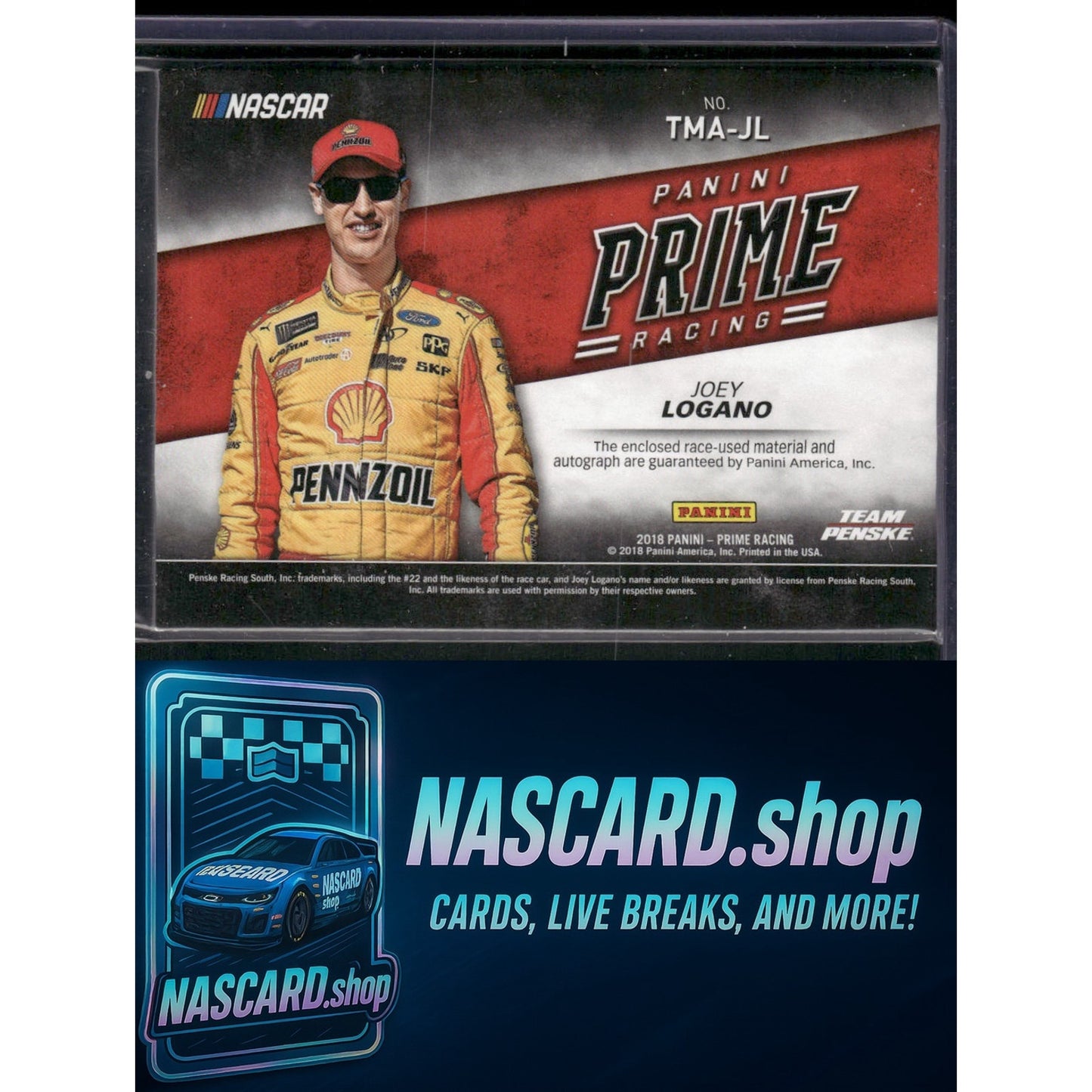 2018 Panini Prime #TMA-JL Joey Logano Triple Materials Autographs Holo Gold #/25 - NASCARD.shop