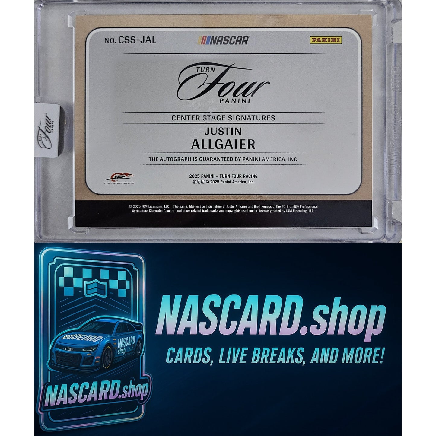 2025 Panini Turn Four #CSS-JAL Justin Allgaier Center Stage Signatures #/99