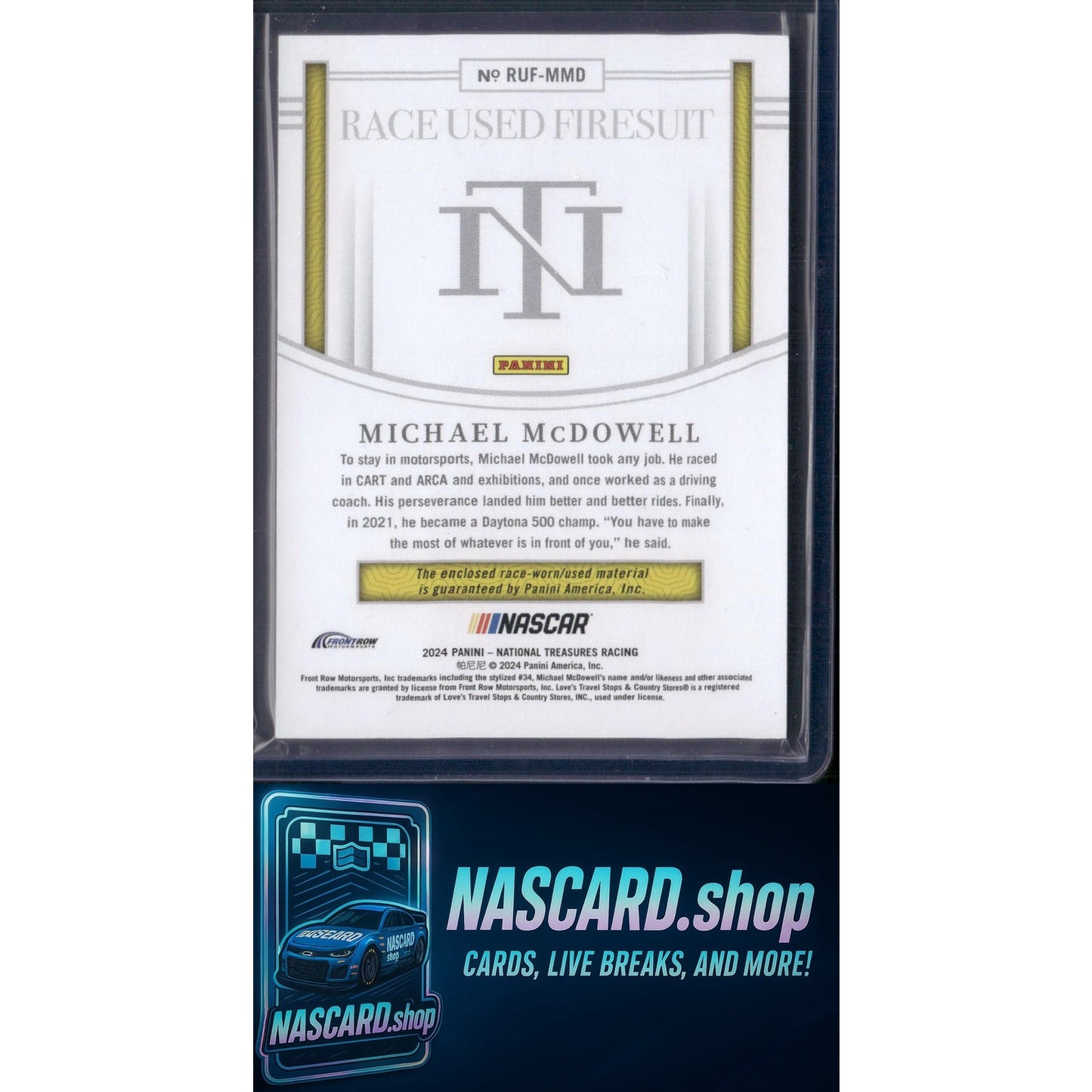2024 Panini National Treasures Michael McDowell Race Used Firesuit Blue #/75