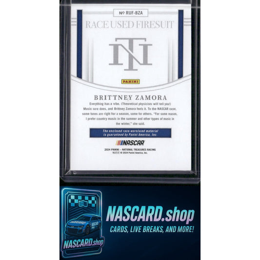 2024 Panini National Treasures #RUF-BZA Brittney Zamora Race Used Firesuit #/99 - NASCARD.shop