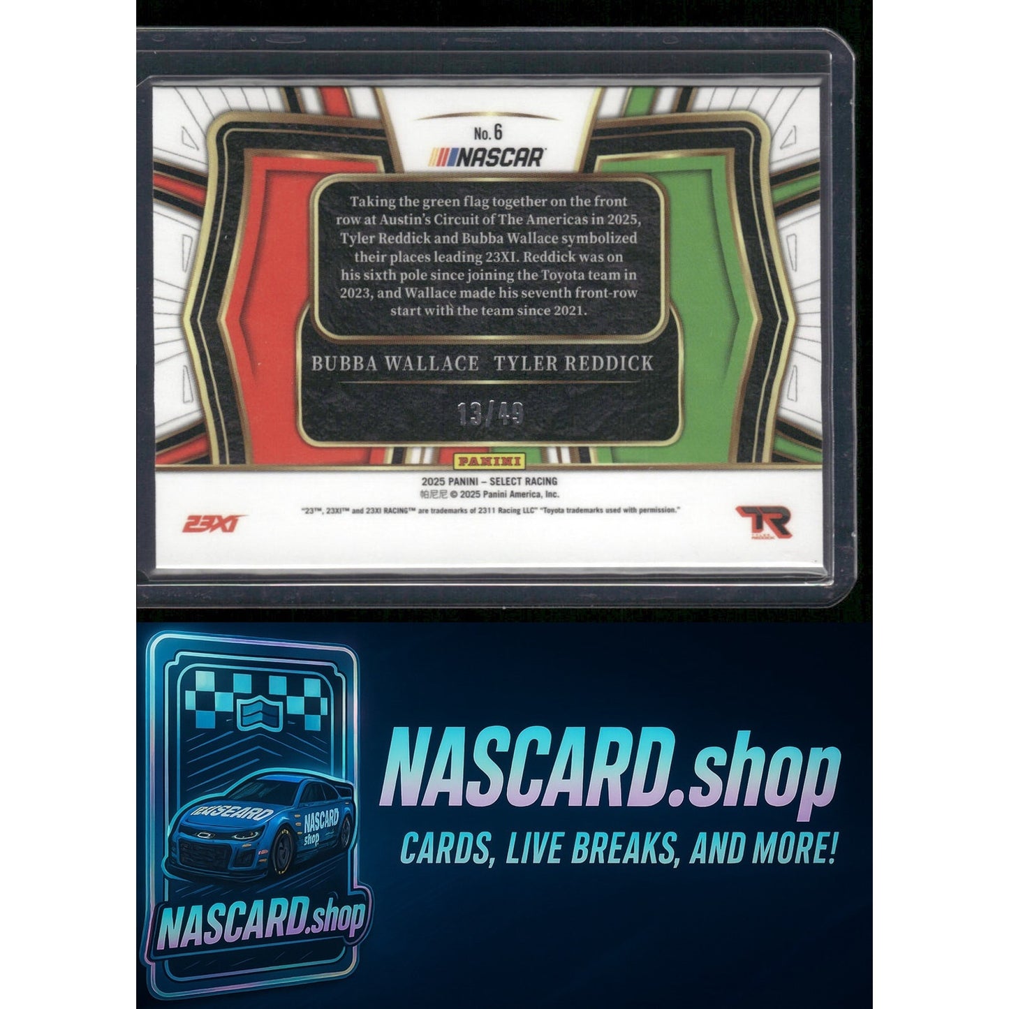 2025 Panini Select #6 Bubba Wallace Tyler Reddick Tandem Draft Blue Prizms #/49