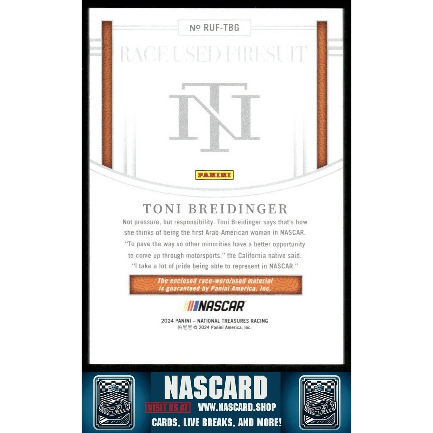 2024 Panini National Treasures Race Used Firesuit Toni Breidinger /99