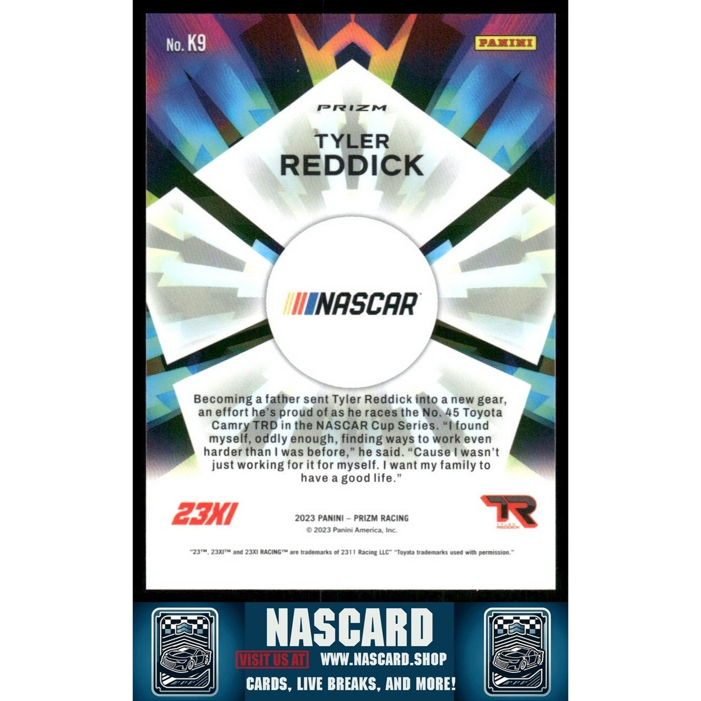 2023 Panini Prizm #K9 Tyler Reddick Kaleidoscopic White Sparkle Prizm - NASCARD.shop