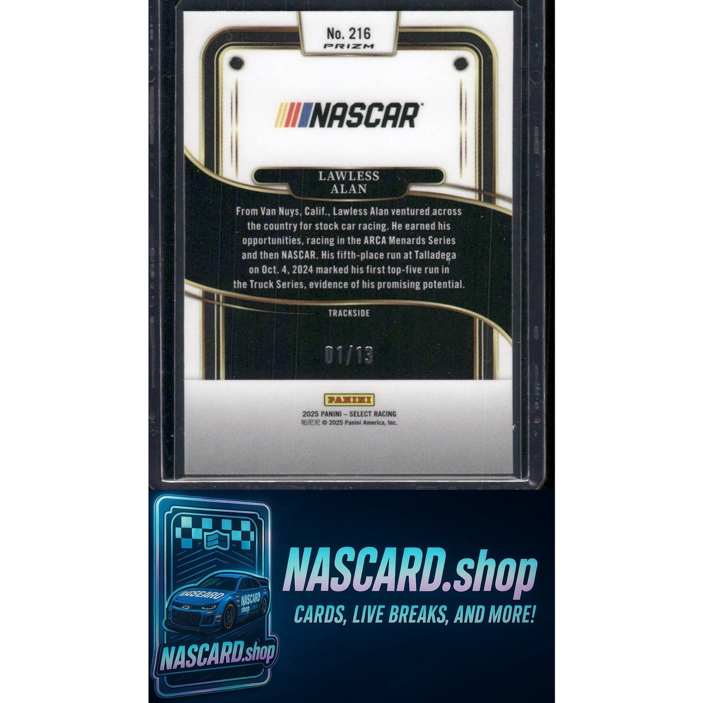 2025 Panini Select Trackside #216 Lawless Alan Gold Power Plaid #01/13