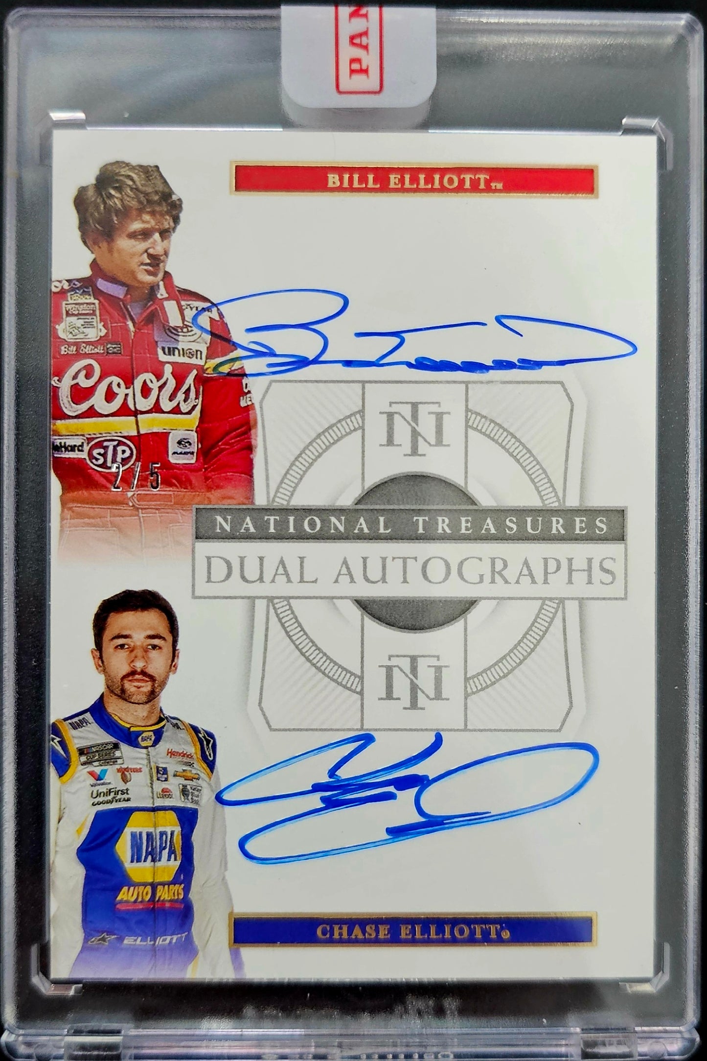 2021 National Treasures Dual Autographs Bill and Chase Elliott Holo Gold 2/5