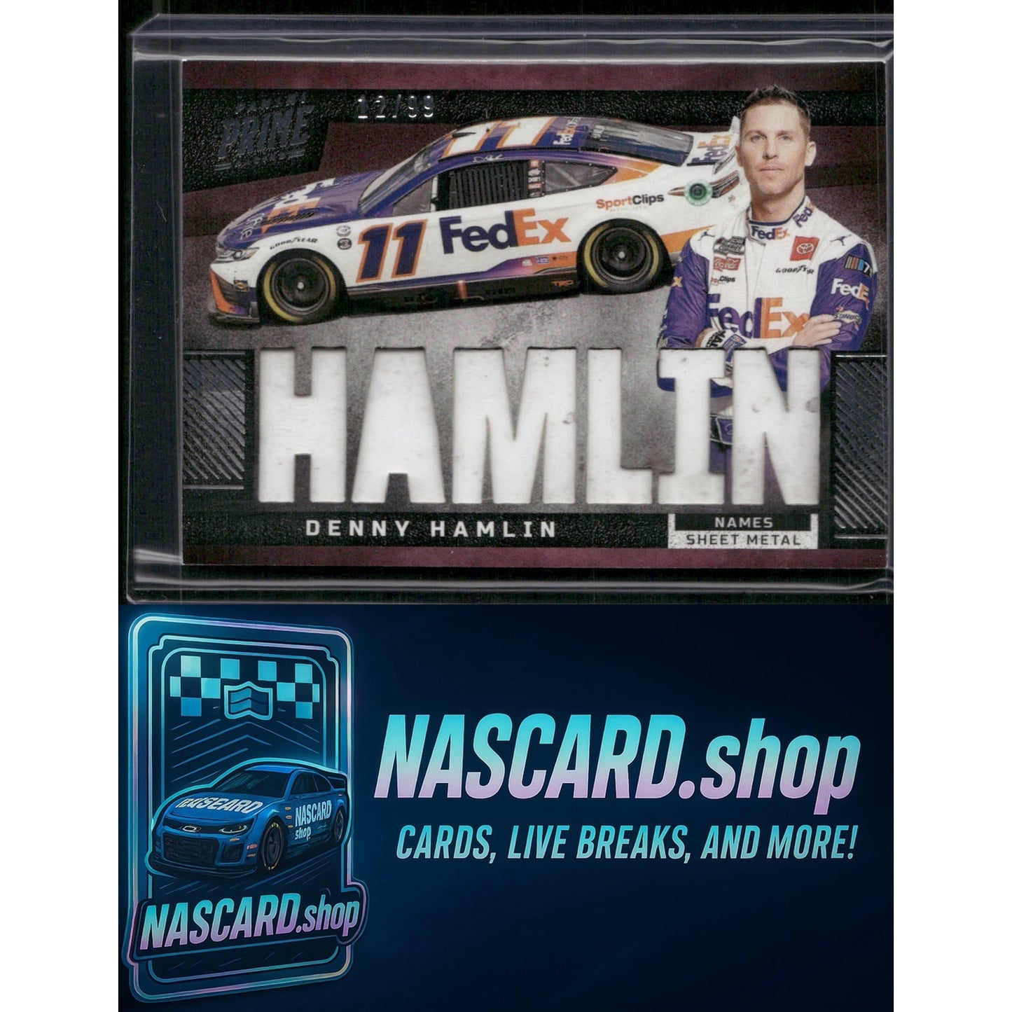 2023 Panini Prime #N-DHA Denny Hamlin Names Sheet Metal #/99 - NASCARD.shop