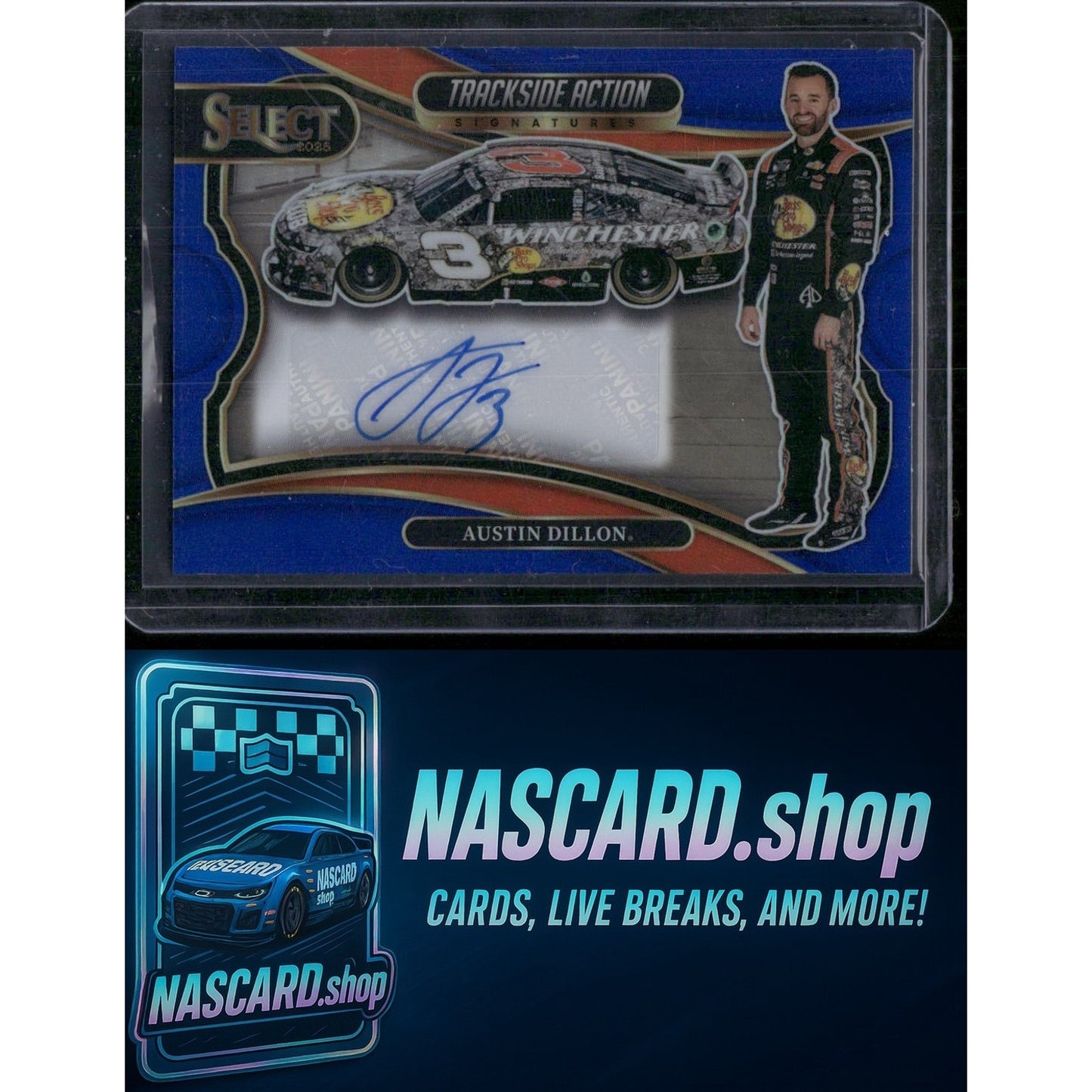 2025 Panini Select Austin Dillon Trackside Action Signatures Blue Prizms #/99