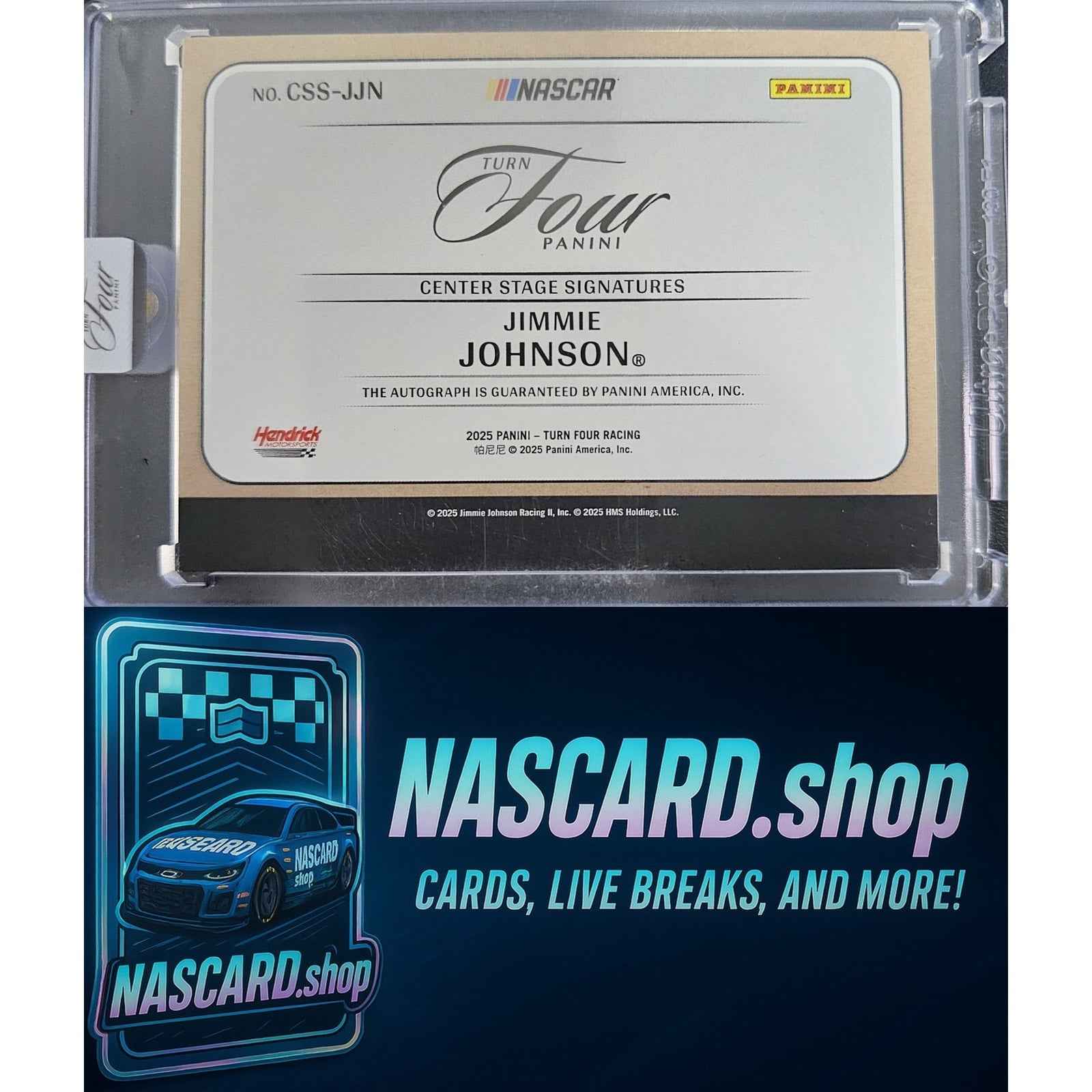 2025 Panini Turn Four #CSS-JJN Jimmie Johnson Center Stage Signatures Blue #/49
