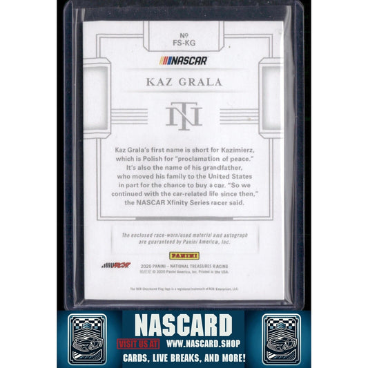 2020 Panini National Treasures #FS-KG Kaz Grala Firesuit Signatures Holo Gold