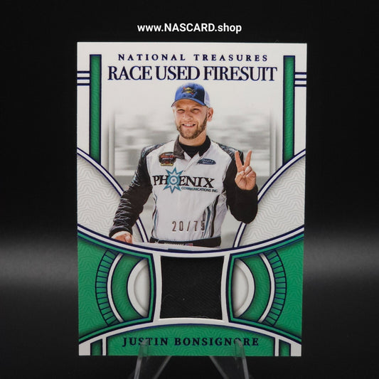 2024 Panini National Treasures Race Used Firesuit Blue Justin Bonsignore /75