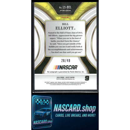 2024 Panini Select #LS-BEL Bill Elliott Legendary Signatures Blue Prizms #/49