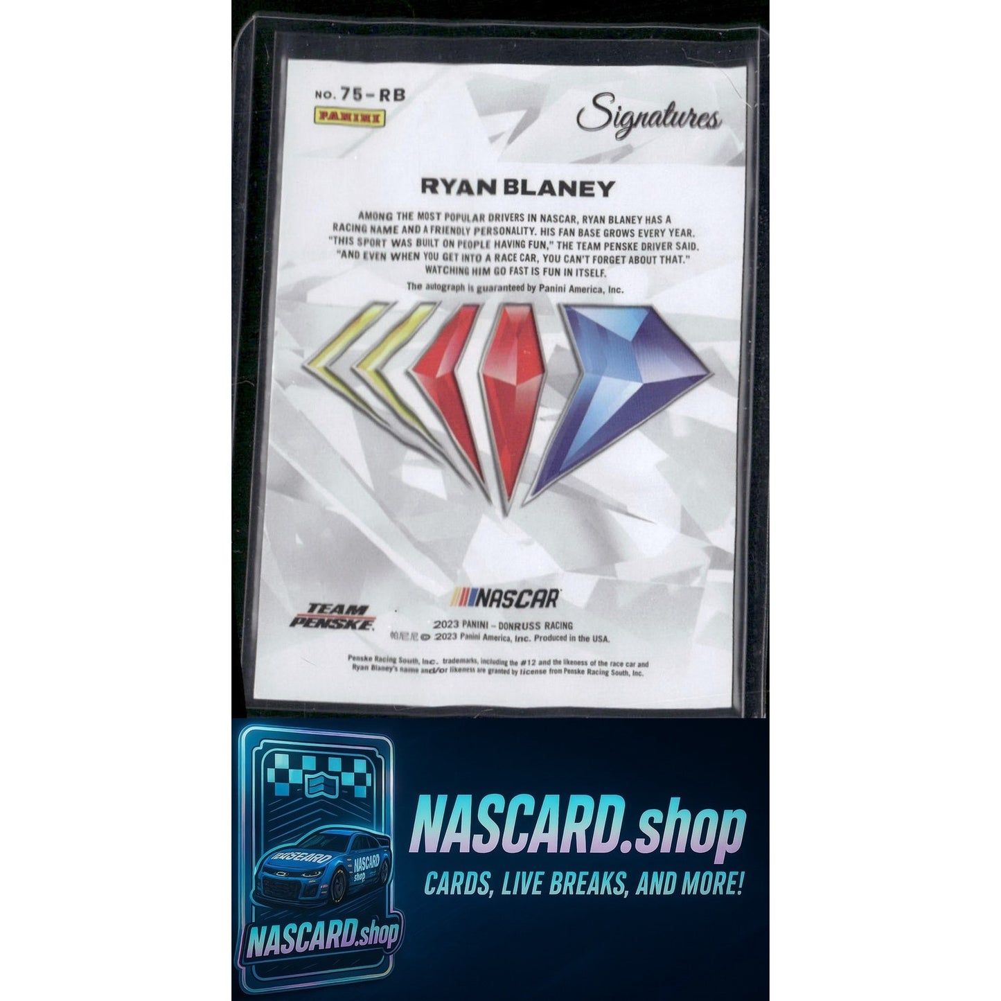 2023 Panini Prime #75-RB Ryan Blaney NASCAR 75th Anniversary Signatures - NASCARD.shop