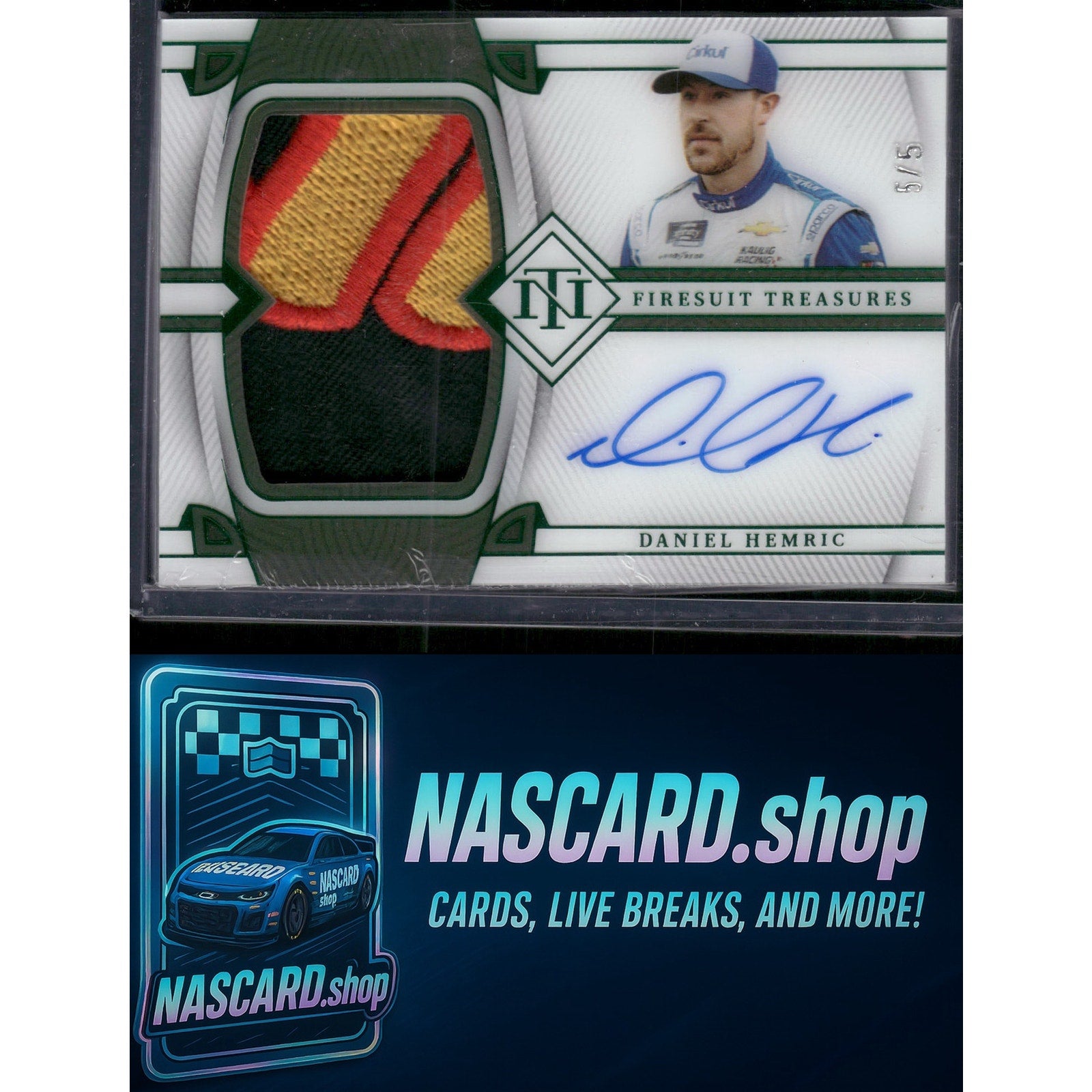 2023 National Treasures Daniel Hemric Firesuit Treasures Signatures Green #/5 - NASCARD.shop