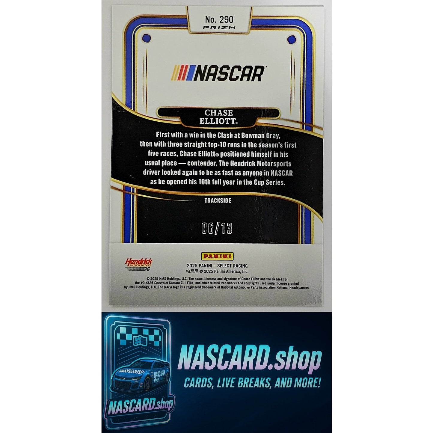 2025 Panini Select Trackside #290 Chase Elliott Gold Power Plaid #/13