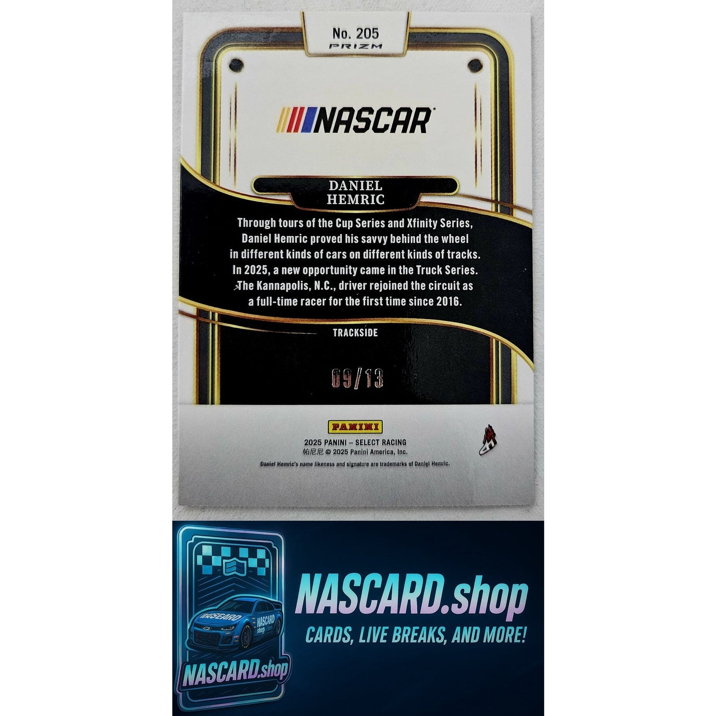 2025 Panini Select Trackside #205 Daniel Hemric Gold Power Plaid #/13