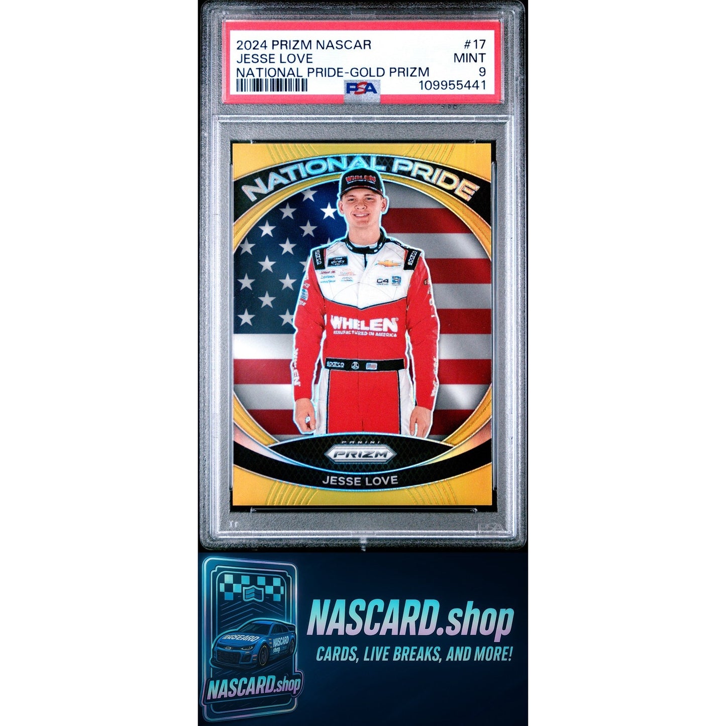 2024 Panini Prizm NASCAR Jesse Love National Pride Gold Prizm PSA 9
