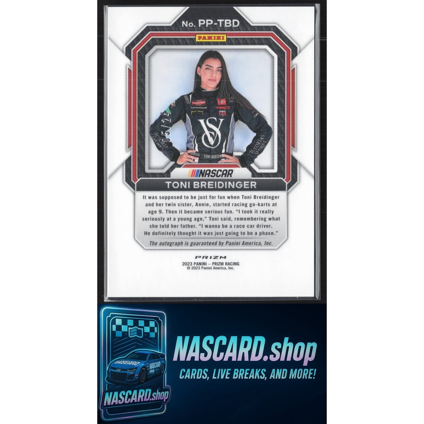 2023 Panini Prizm #PP-TBD Toni Breidinger Patented Penmanship Rainbow Prizm #/24